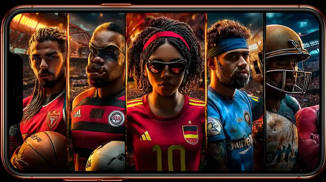 A smartphone screen displays a powerful collage of diverse male and female athletes from various sports, including football and soccer, representing the comprehensive sports betting options at 499bet.