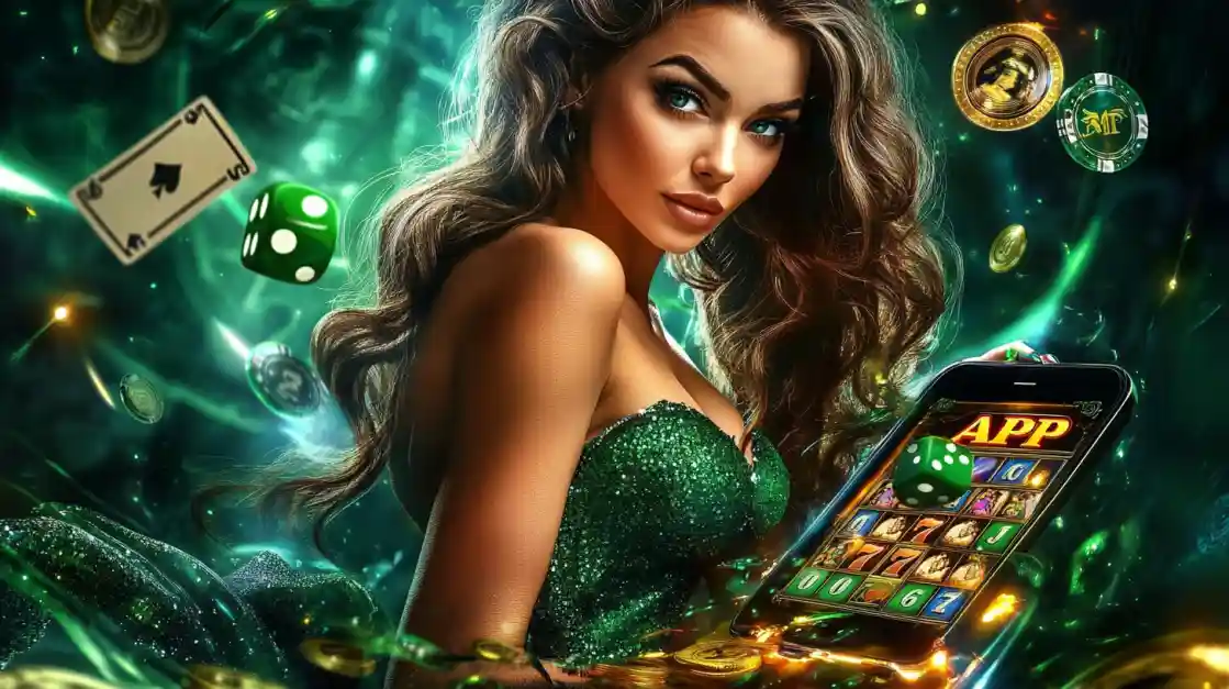 An enchanting woman with flowing hair, adorned in green, gazes captivatingly, surrounded by floating cards, dice, and coins, alongside a smartphone featuring the 499bet gaming app.