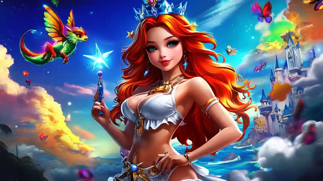 A vibrant fantasy scene featuring a beautiful princess with fiery red hair and a crown, holding a magic wand, with a small winged dragon and a fairytale castle in the background, embodying the magical world of 499bet.