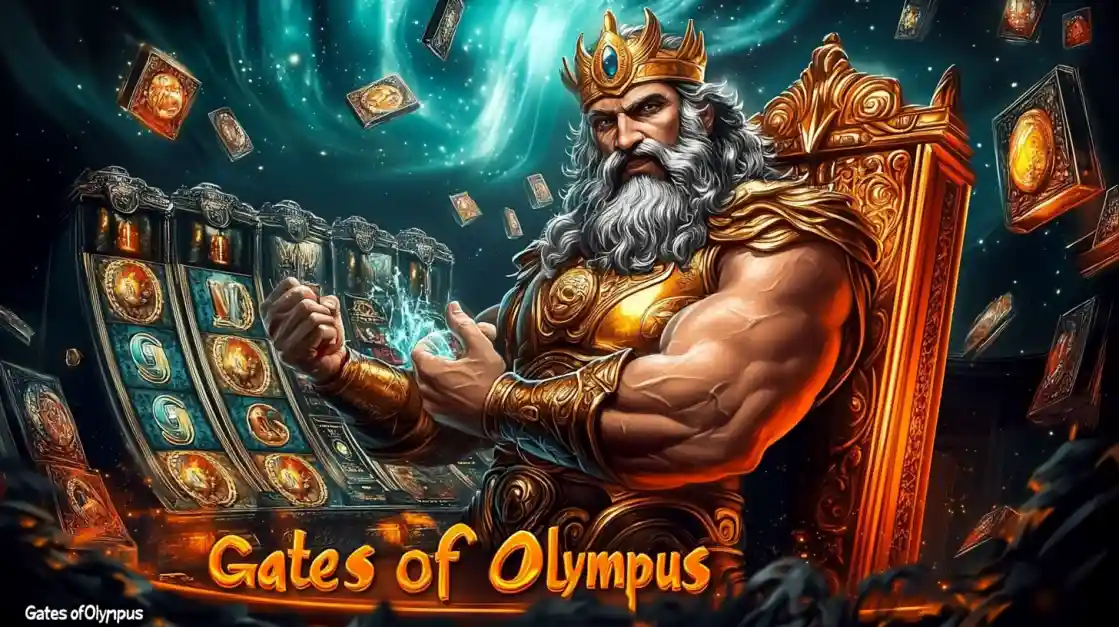 A majestic Zeus figure on a golden throne, surrounded by floating cards and a 499bet slot machine, with Gates of Olympus prominently displayed, inviting players to a mythical gaming experience.