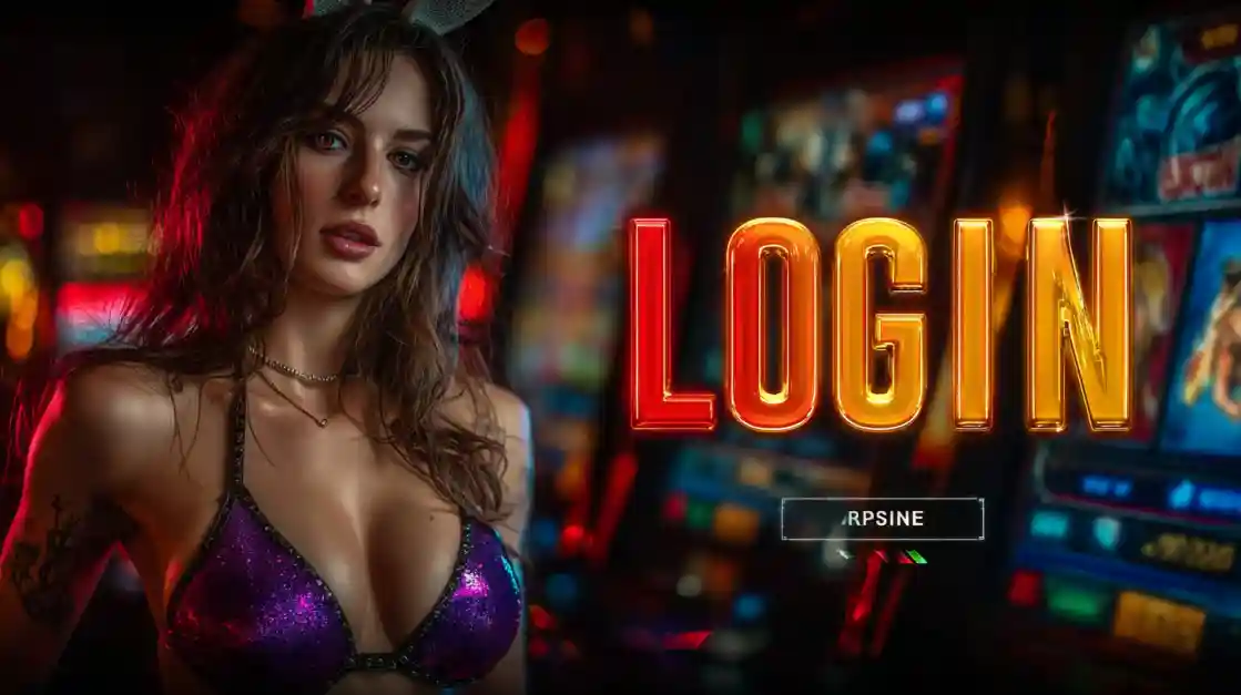 A captivating woman in a shimmering top stands beside a prominent LOGIN interface, with 499bet slot machines softly blurred in the background, inviting users to enter the world of 499bet.