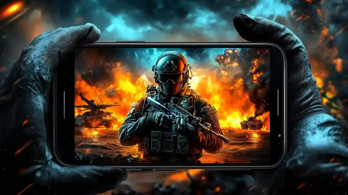 Hands holding a smartphone displaying an intense military shooter game with a soldier amidst explosions and tanks, showcasing the immersive action available on 499bet.