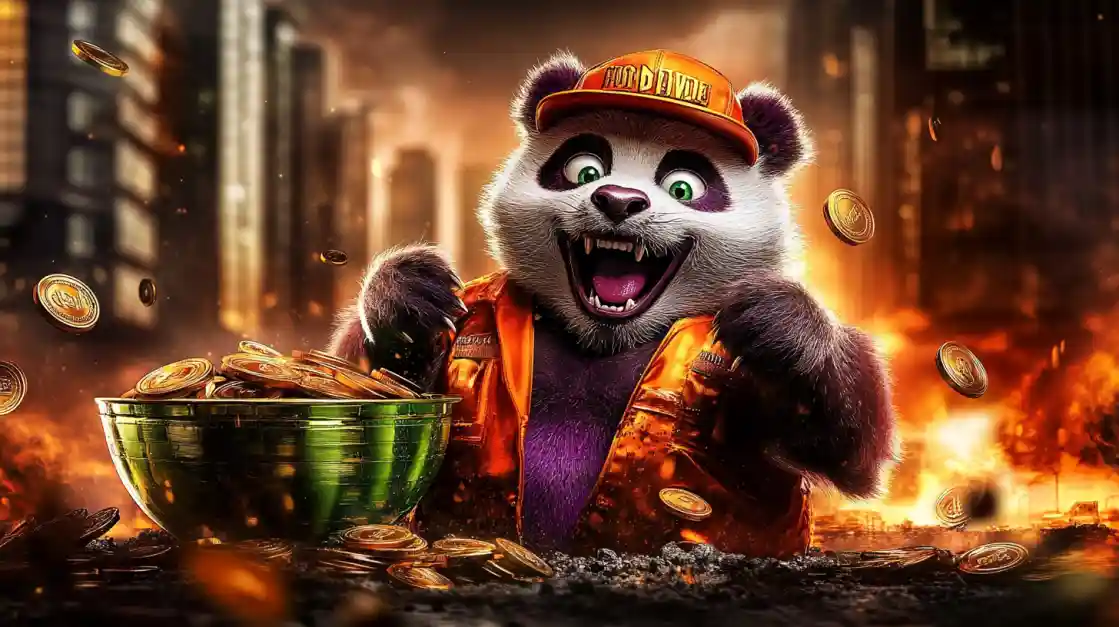 A cheerful panda character wearing an orange cap and jacket, surrounded by golden coins and a bowl of money, symbolizing wealth and good fortune with 499bet.