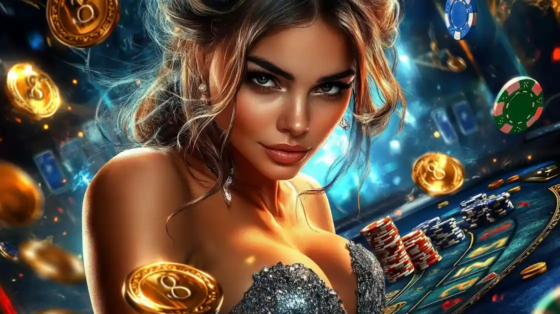 A beautiful woman in a glittering dress gives a captivating look while at a 499bet casino table, surrounded by floating gold coins, casino chips, and a roulette wheel.