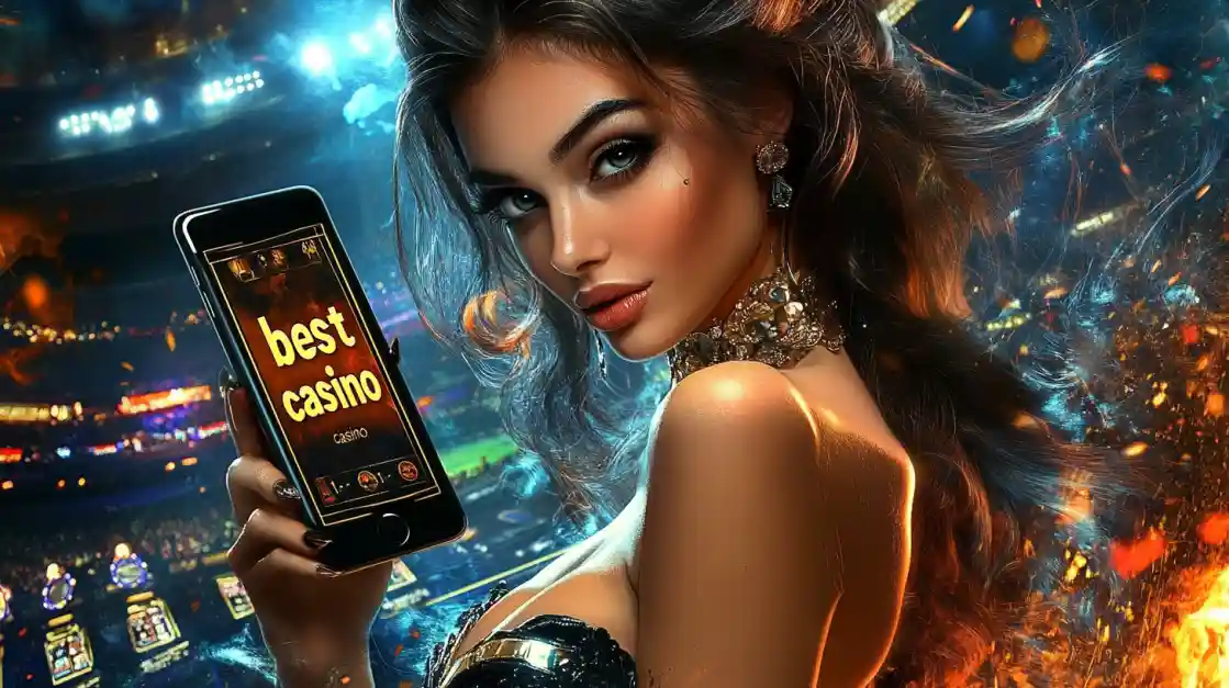 An alluring woman holds a smartphone with the best casino app from 499bet glowing on the screen, set against the backdrop of a brightly lit stadium and ambient flames.