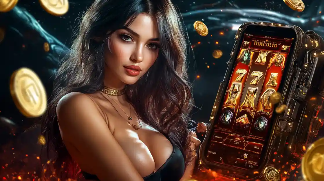 A beautiful woman in a black top looks confidently at the viewer while holding a smartphone displaying a 499bet mobile slot game with 777 symbols and golden coins.