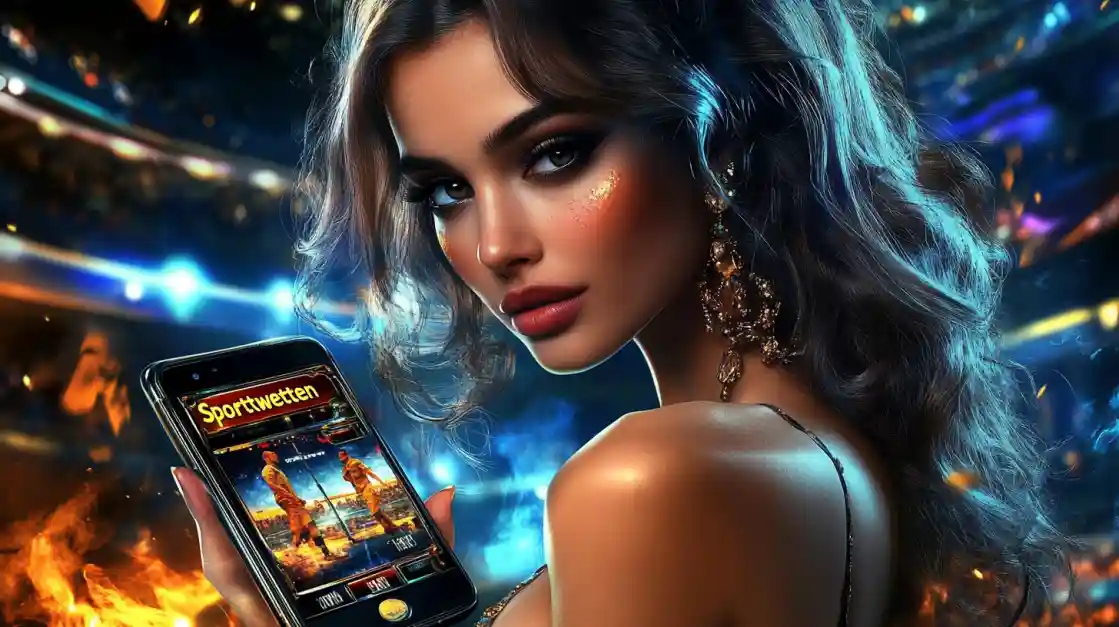 A glamorous woman with elegant makeup looks over her shoulder, holding a smartphone displaying the 499bet sports betting app against a vibrant stadium backdrop with fire effects.